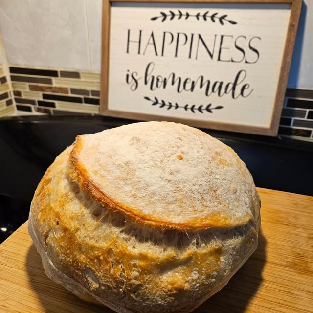 Golden crusty artisanal sourdough loaf with blistered ear